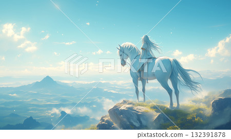 A fantasy-like scene of a rider on a white horse on a high mountainside gazing at distant mountains 132391878
