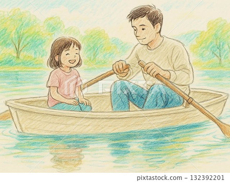 父母和孩子們在湖邊租船上享受休閒時光 132392201