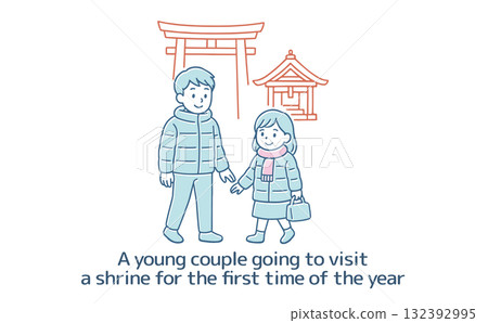 一對年輕夫婦今年第一次去參拜神社的插圖 132392995