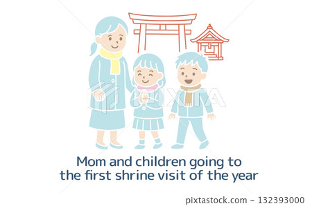 一家人去今年第一次參拜神社,母親和孩子的插圖,沒有主線 一家人去今年第一次參拜神社,母親和孩子的插圖,沒有主線 132393000