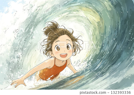 Miyu Series: Short-haired female surfer (full body) navigating a large wave tube 132393336