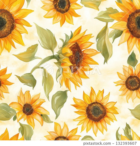 Warm watercolor sunflower pattern with golden petals and green leaves on a light background 132393607