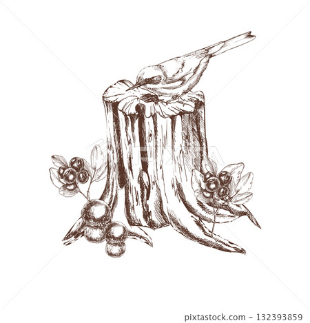 Wild nature monochrome vector clipart with forest bird sitting on stump, blueberries and mushroom ink graphics illustration. Hand drawn botanical engraved painting, wildlife silhouette for eco design Wild nature monochrome vector clipart with forest bird sitting on stump, blueberries and mushroom ink graphics illustration. Hand drawn botanical engraved painting, wildlife silhouette for eco design 132393859