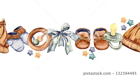 Seamless border with baby hat, booties, pacifiers and teethers watercolor illustration 132394495