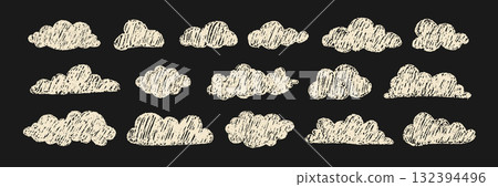 Sketchy crayon clouds on chalkboard texture. Playful sky elements for school or baby shower decor. Vector illustration Sketchy crayon clouds on chalkboard texture. Playful sky elements for school or baby shower decor. Vector illustration 132394496