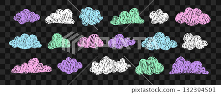Whimsical textured cloud set. Fluffy hand drawn sky elements for baby shower or storybook illustrations. Vector illustration Whimsical textured cloud set. Fluffy hand drawn sky elements for baby shower or storybook illustrations. Vector illustration 132394501