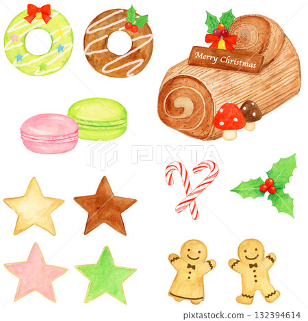 Hand-painted watercolor Christmas sweets set (donuts, Buche de Noel, cookies, gingerbread man, macaroons) Hand-painted watercolor Christmas sweets set (donuts, Buche de Noel, cookies, gingerbread man, macaroons) 132394614