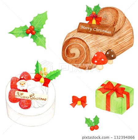 手繪水彩聖誕蛋糕組（草莓蛋糕、聖誕蛋糕、冬青、禮物） 132394866