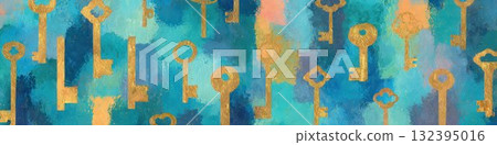 金鑰匙圖案藍色調抽象繪畫背景材料 132395016