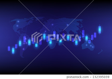 Abstract illustration of financial candlestick chart with world map background symbolizing global markets Abstract illustration of financial candlestick chart with world map background symbolizing global markets 132395039