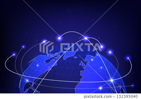 Futuristic illustration of global communication and data exchange with glowing lines on Earth Futuristic illustration of global communication and data exchange with glowing lines on Earth 132395040