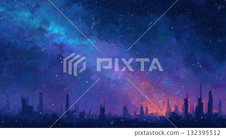 Starry sky and silhouette city painting style fantasy art background Starry sky and silhouette city painting style fantasy art background 132395512
