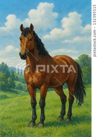 "A chestnut horse standing on a green meadow" "A horse standing gracefully under a blue sky" "A powerful chestnut horse in nature" "A chestnut horse standing on a green meadow" "A horse standing gracefully under a blue sky" "A powerful chestnut horse in nature" 132395515