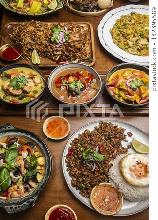 mixed traditional cuisine popular thai food dishes on bangkok restaurant table 132395589