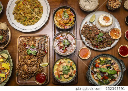 mixed traditional cuisine popular thai food dishes on bangkok restaurant table 132395591