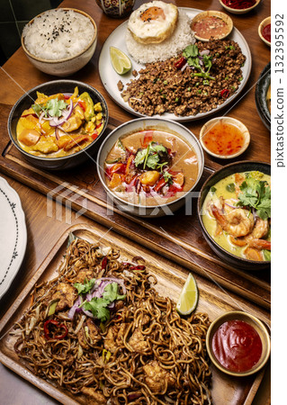 mixed traditional cuisine popular thai food dishes on bangkok restaurant table 132395592