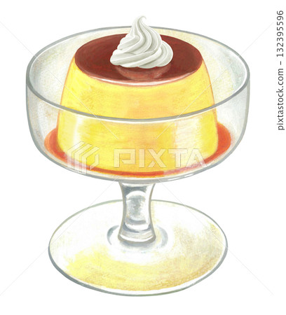 Dessert glass and pudding illustration - with whipped cream Dessert glass and pudding illustration - with whipped cream 132395596
