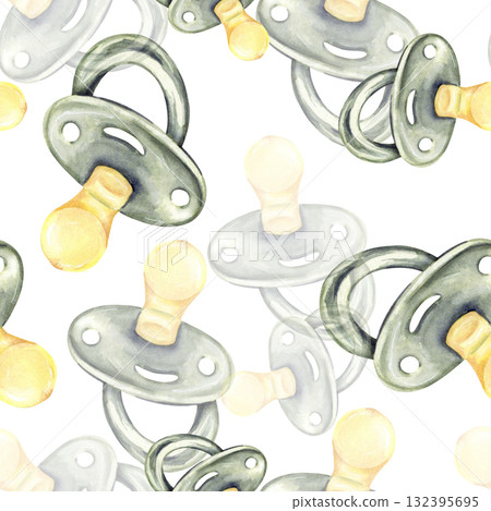 Seamless pattern with green pacifiers and yellow ribbons Seamless pattern with green pacifiers and yellow ribbons 132395695