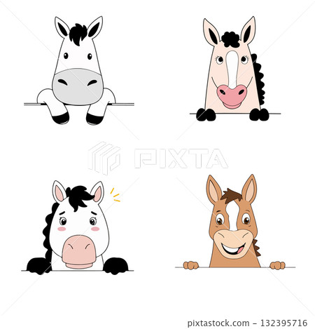 Cartoon Horse Faces Peeking Over Edge 132395716