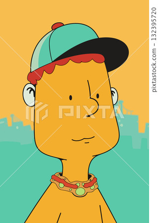 Cartoon Character with Cap and Necklace 132395720