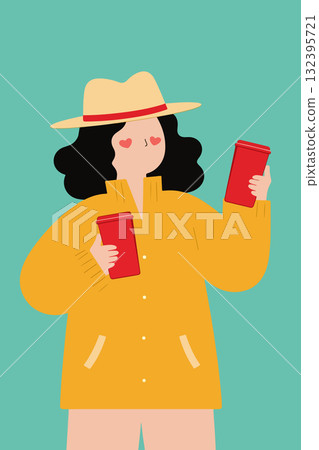 Stylized Woman Holding Red Containers Stylized Woman Holding Red Containers 132395721