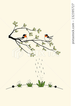 Birds on a Branch Watering Plants 132395727