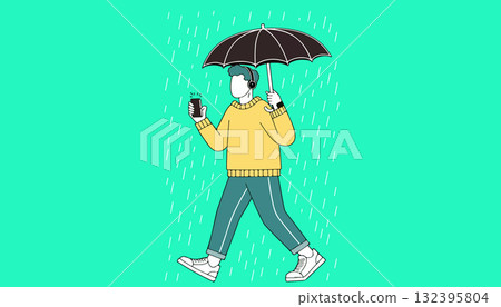 Man walking in the rain with umbrella and phone 132395804
