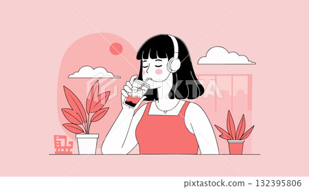 Woman with Headphones Drinking Juice 132395806
