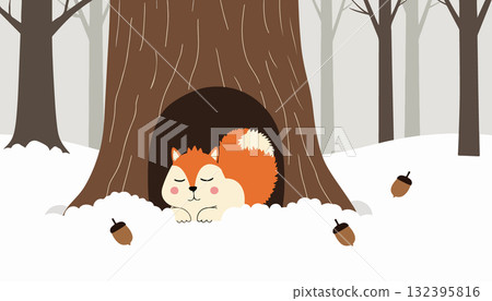 Squirrel Sleeping in Tree Hollow in Winter 132395816