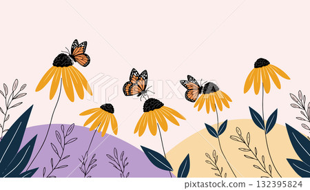 Monarch Butterflies on Coneflowers Illustration 132395824