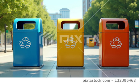 Photo of modern trash bins in an ecologically clean urban environment. 132396468