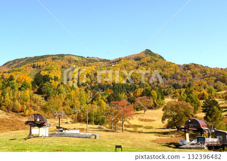 Shiga Kogen Kasagatake covered in autumn colors - Autumn foliage view from Yamada Ranch 132396482