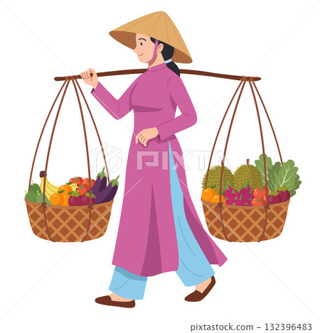 Vietnamese Vendor Carrying Tropical Fruits Vietnamese Vendor Carrying Tropical Fruits 132396483