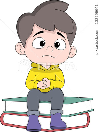 Bored Boy Sitting Sadly on Stack of Books, Tired of Studying 132396641