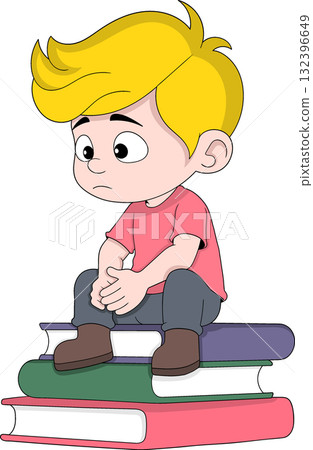 Unmotivated Young Man Sitting on Stack of Books, Reluctant to Read 132396649