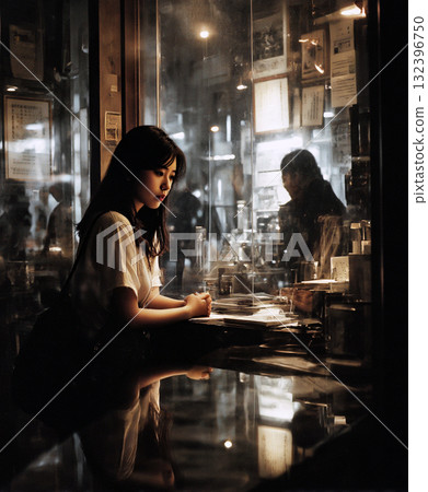 Thoughtful Woman Sitting Alone in Dimly Lit Cafe with Warm Ambient Lighting and Reflective Window Glass Atmosphere 132396750