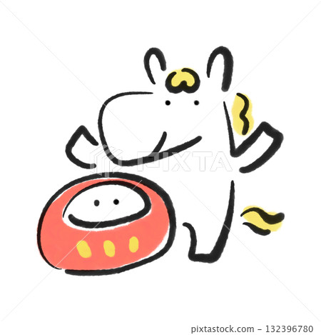 Cute Daruma and a happy smiling white horse. New Year's material. Sumi-e. Cute Daruma and a happy smiling white horse. New Year's material. Sumi-e. 132396780