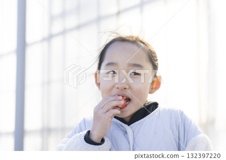 Girl enjoying strawberry hunting 132397220