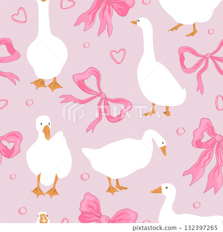 Seamless pattern with pink bows and geese birds. Cute nursery and girly background. Vector illustration. 132397265