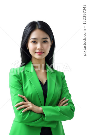A focused female executive in a bright green jacket, standing in front of abstract financial data, symbolizing her innovation 132397342