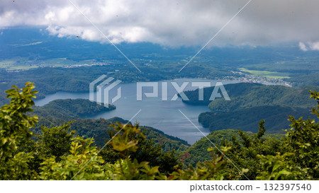 Summer in Shinshu: Lake Nojiri from the summit of Mount Madarao, Shinano Town, Nagano Prefecture, Japan Summer in Shinshu: Lake Nojiri from the summit of Mount Madarao, Shinano Town, Nagano Prefecture, Japan 132397540