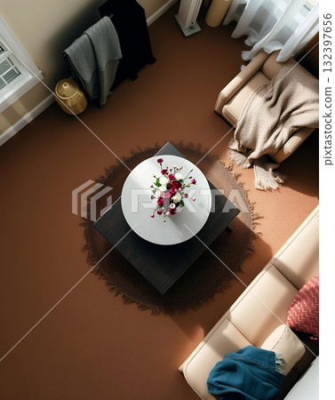 Warm Home Interior View with Sofa, Coffee Table, and Decorative Elements 132397656