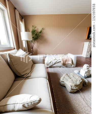 Elegant Neutral Living Room with Earthy Decor, Natural Light, and Serene Ambiance 132397658