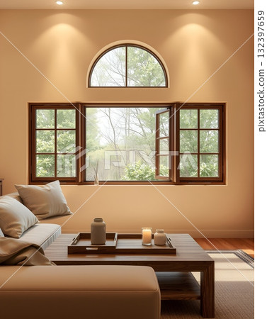 Warm Beige Living Room with Wooden Windows and Natural Light 132397659