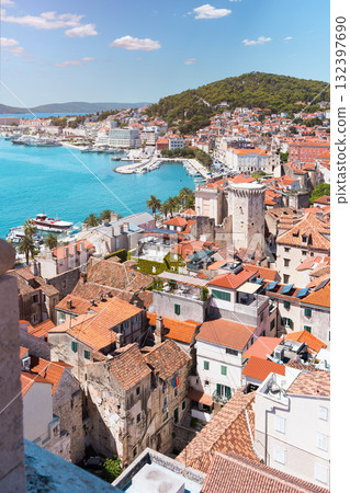 Split cityscape overlooking Adriatic Sea and harbor Split cityscape overlooking Adriatic Sea and harbor 132397690