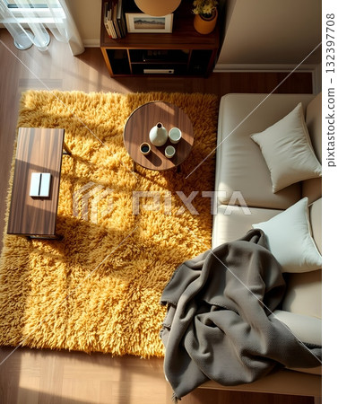 Cozy Living Room Interior with Warm Tones and Soft Textures 132397708