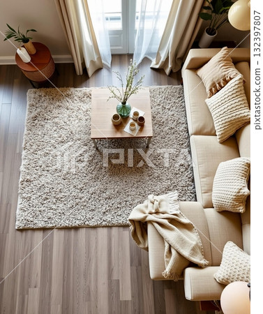 Cozy Living Room: Neutral Tones, Soft Textures, and Natural Light Cozy Living Room: Neutral Tones, Soft Textures, and Natural Light 132397807