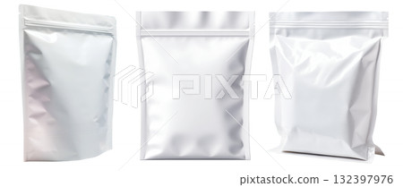 Collection set of front side view blank sealed foil doypack stand-up pouch on transparent background cutout, PNG file. Mockup template artwork graphic design Collection set of front side view blank sealed foil doypack stand-up pouch on transparent background cutout, PNG file. Mockup template artwork graphic design 132397976