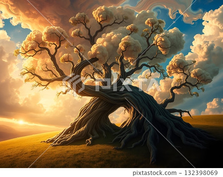 Ancient Tree of Life Under Dramatic Sunset Sky 132398069