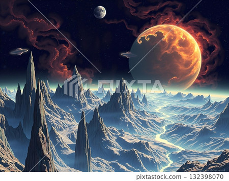 Alien Landscape with Distant Planets and Flying Saucers 132398070